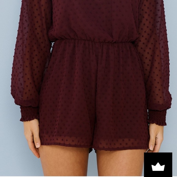 LOOK FOR ME SWISS DOT LONG SLEEVE ROMPER BURGUNDY - Picture 2 of 3